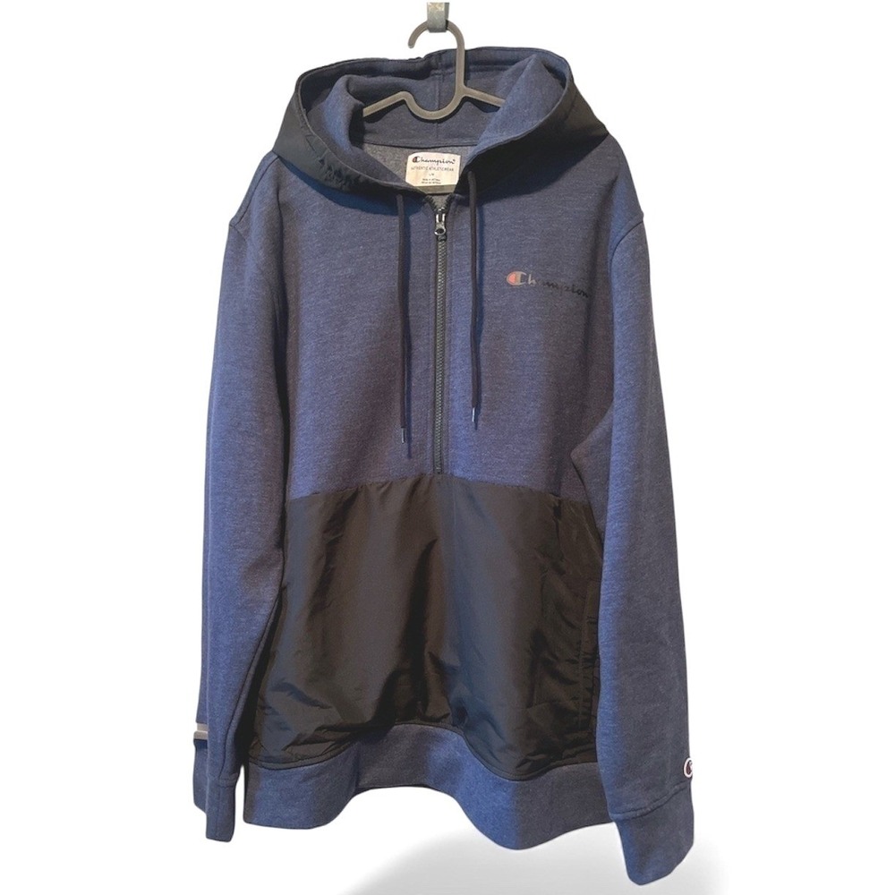 Champion Hoodie Navy Blue Half Zip Fleece Anorak Pocket Mens Large Sweatshirt